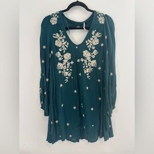 Free People Size XS Sweet Tennessee Mini Dress Teal Long Sleeve Embroidered